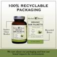 Bottle and box of Herbal Roots Organic saw palmetto next to each other. Under the bottle and box says We care about our packaging and how our brand impacts the environment. There is a line coming from the left of the bottle that says Amber glass bottles. There is a line coming from the left of the box that says recycled boxes.