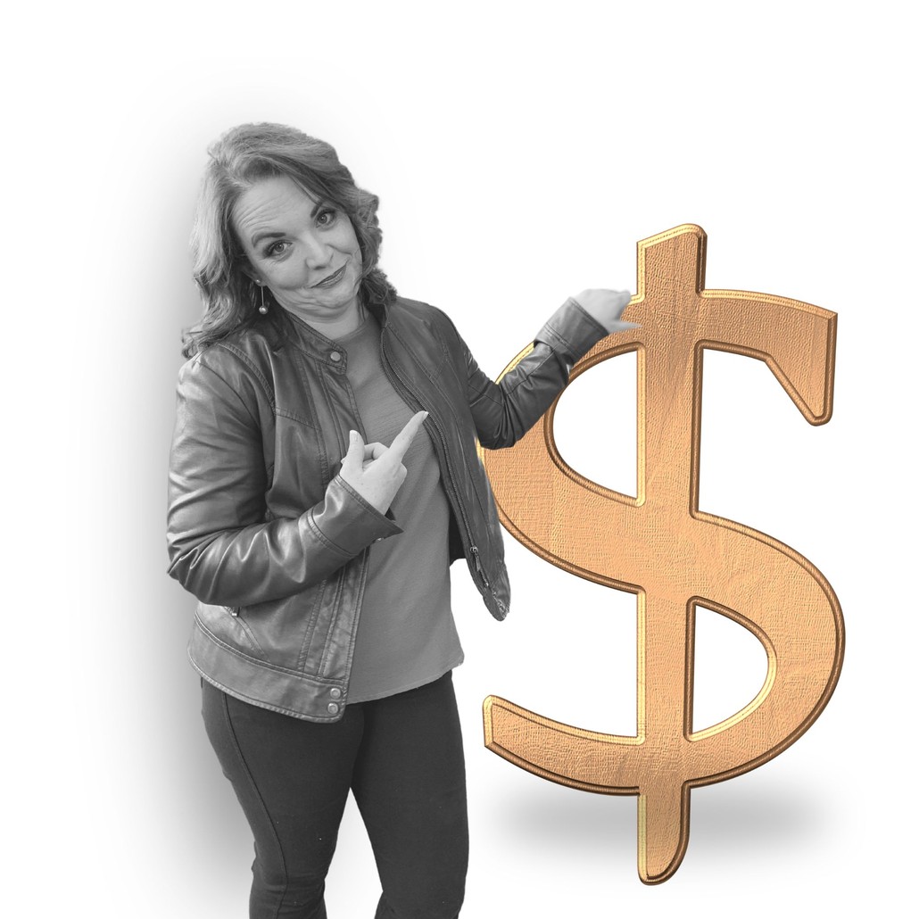 Becky holding a dollar sign