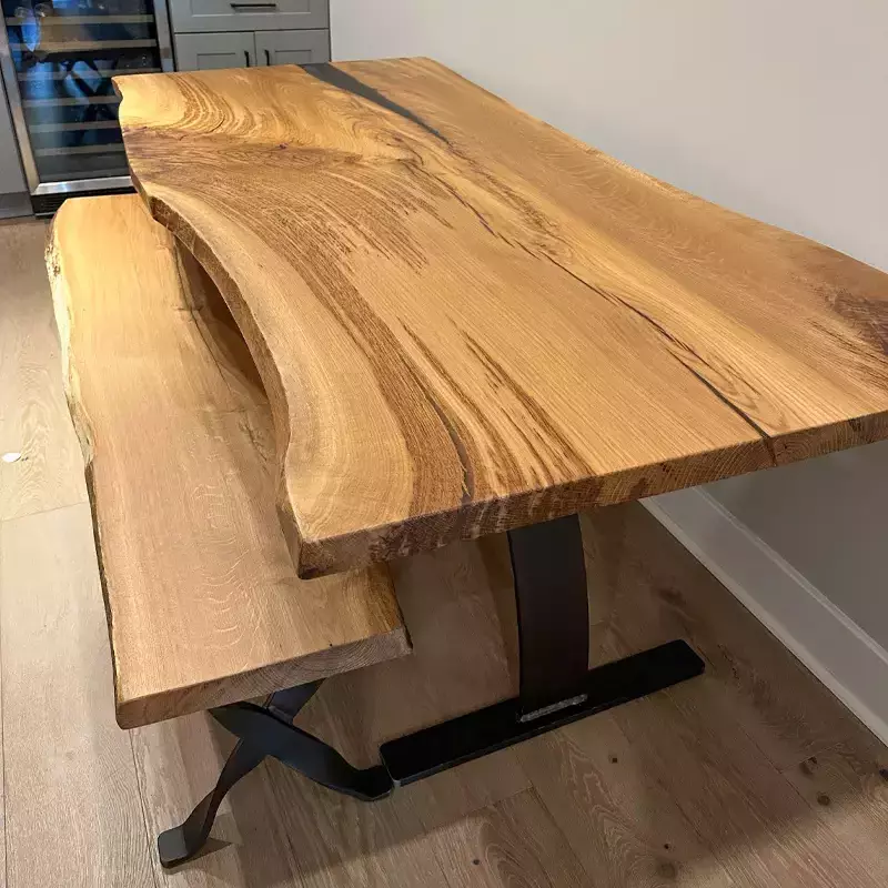 live edge oak dining table and bench