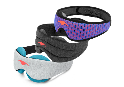 Sleep gifts idea: 3 sleep masks arranged on top of each other: A blue sleep mask for side sleepers, a dark gray weighted mask, and a cooling eye mask.