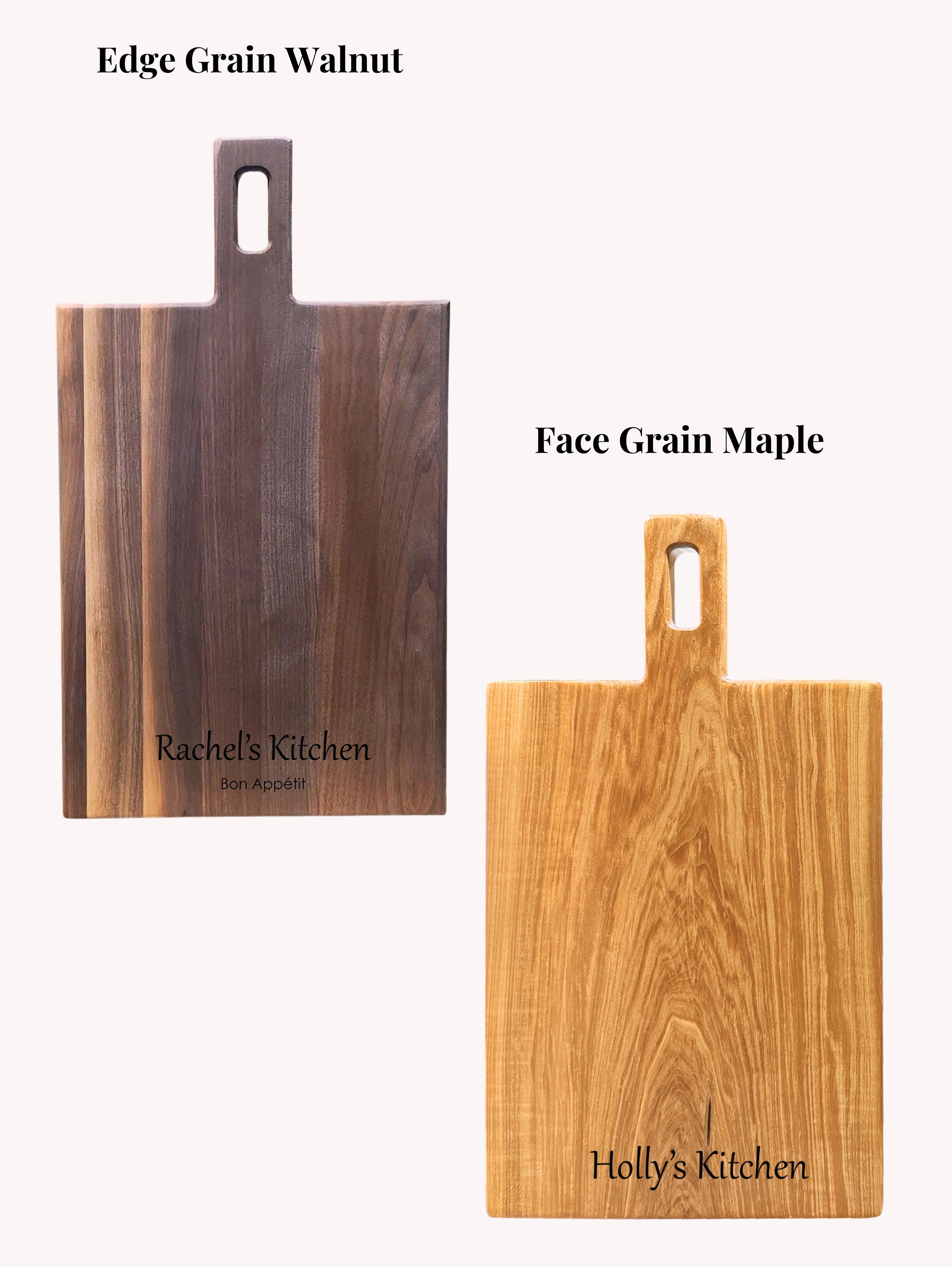 personalized live edge charcuterie board with no handles. Showing engraving on board.