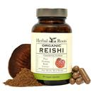 Bottle of Herbal Roots organic Reishi with reishi capsules, mushroom and powder around the bottle