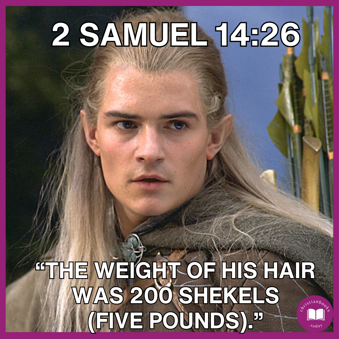 Image of Legolas with a verse caption that reads, “The weight of his hair was 200 shekels (five pounds).” 2 Samuel 14:26