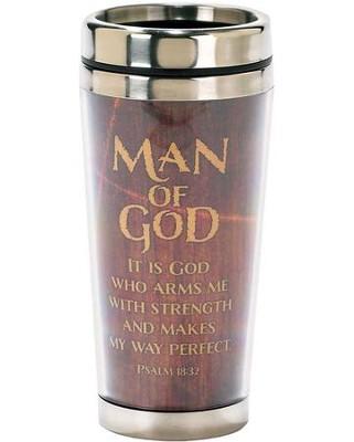 Scripture gift for men to encourage and challenge, Man of God motif designed with wood tones and slim diagonal cross. Stainless steel lined travel mug with plastic outside features Scripture verse from Psalm 18:32, It is God who arms me with strength and makes my way perfect. 16 ounce capacity; hand wash only; boxed.