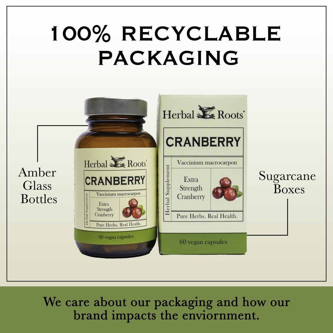 Bottle and box of Herbal Roots Cranberry supplement next to each other. Under the bottle and box says We care about our packaging and how our brand impacts the environment. There is a line coming from the left of the bottle that says Amber glass bottles. There is a line coming from the left of the box that says sugarcane boxes.