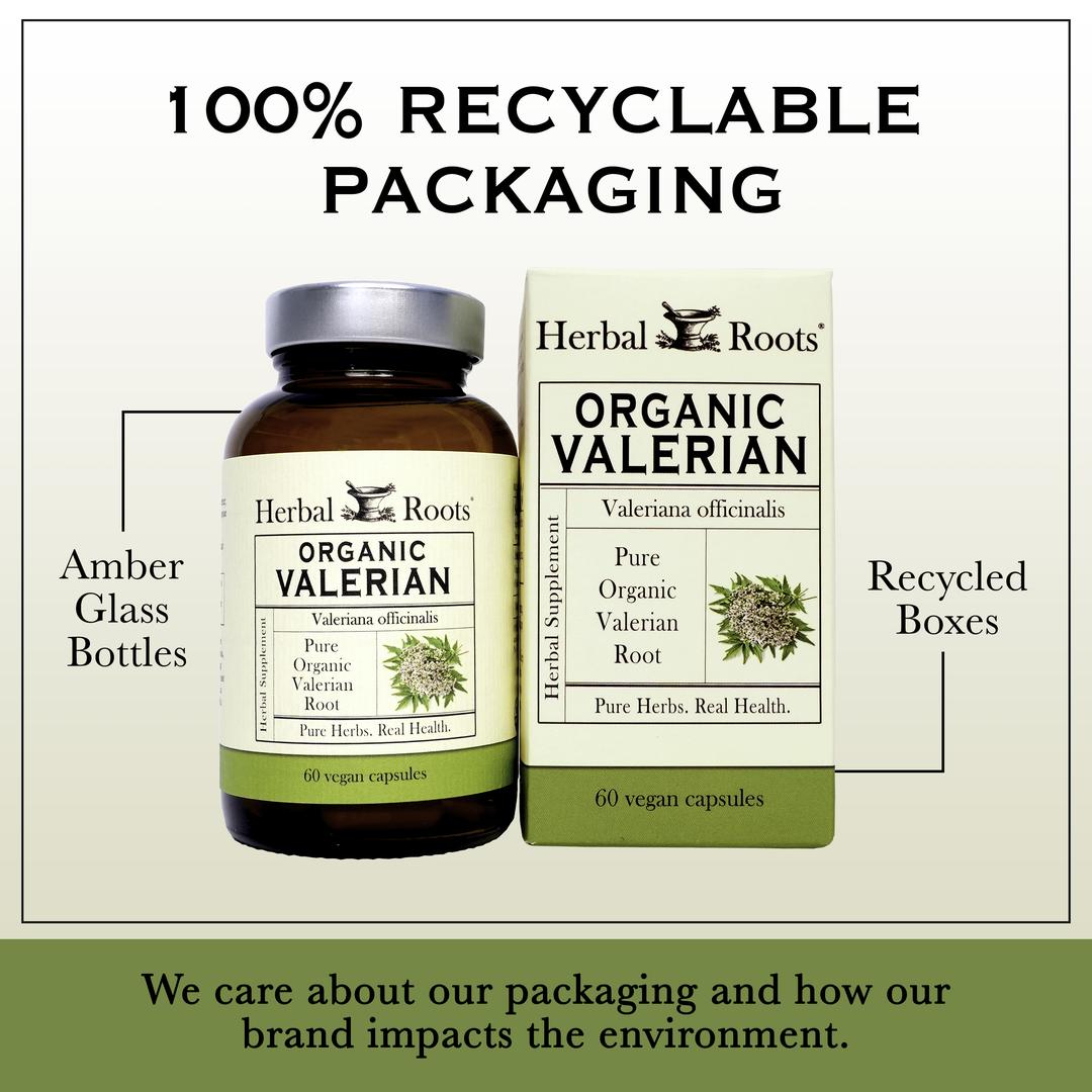 Bottle and box of Herbal Roots Organic valerian next to each other. Under the bottle and box says We care about our packaging and how our brand impacts the environment. There is a line coming from the left of the bottle that says Amber glass bottles. There is a line coming from the left of the box that says recycled boxes.