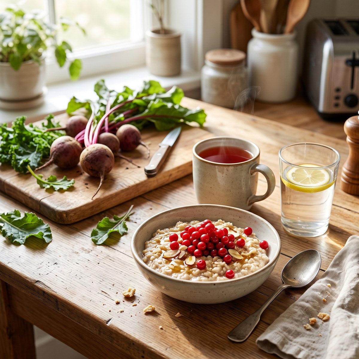 Breakfast table with oatmeal topped with fresh schizandra berries, beets, greens and a mug of schizandra tea