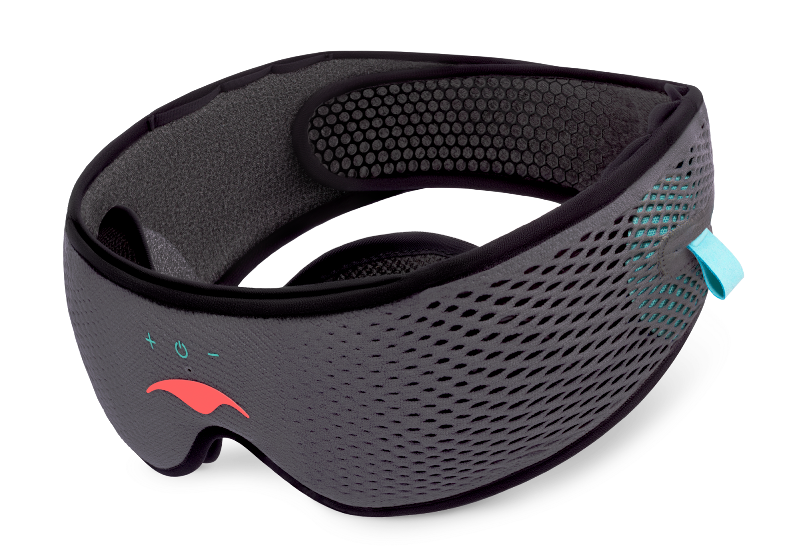 A gray mesh Bluetooth® sleep mask with headphones.