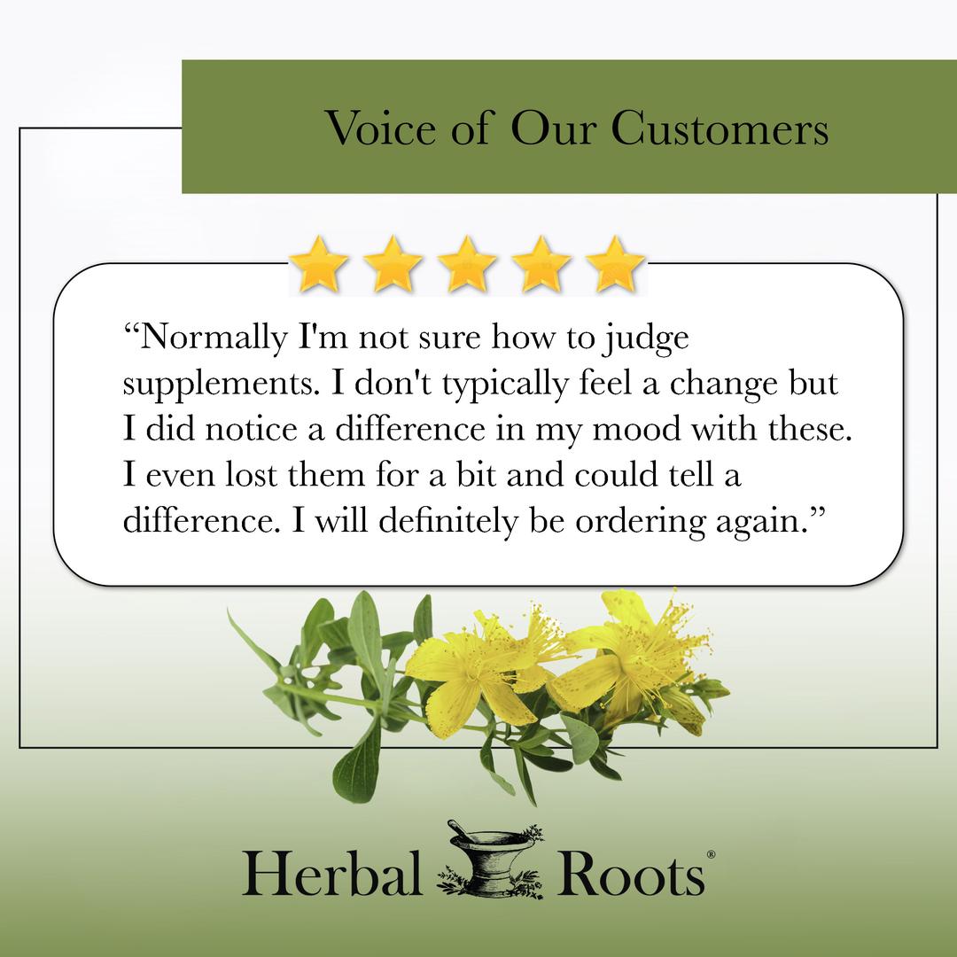 Review from a customer. There are 5 stars and a picture of St Johns Wort flowers. The review says "Normally, I'm not sure how to judge supplements. I don't typically feel a change but I did notice a difference in my mood with these. I even lost them for a bit and could tell a difference. I will definitely be ordering again."