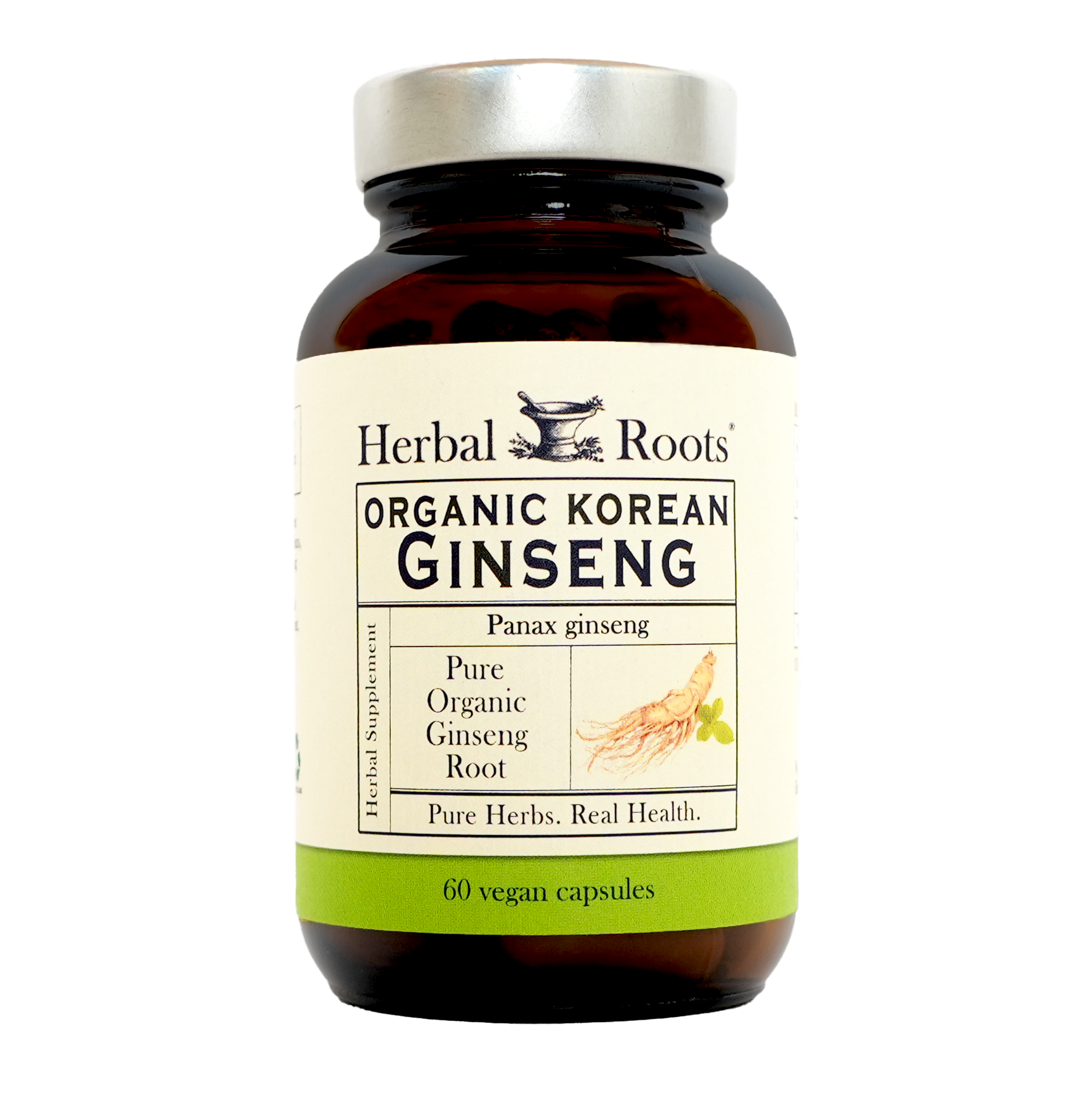 Amber Bottle and silver lid with matching white and green label. Black and white Herbal Roots logo with illustration of a mortar and pestle with herbs on top and sides. The text says, "Korean Ginseng.” The fronts of the labels say, "Organic Korean Ginseng. Pure organic ginseng root. Pure Herbs. Real Health. Herbal Supplement and 60 Vegan Capsules." The label has a small image of a pale, yellow ginseng root.