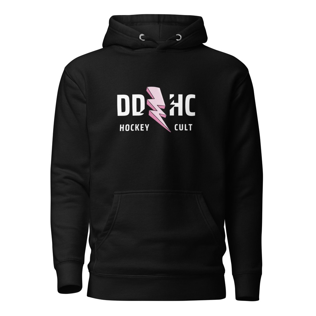 A black hoodie on a white background. dd/hc hockey cult with a pink lightning bolt.