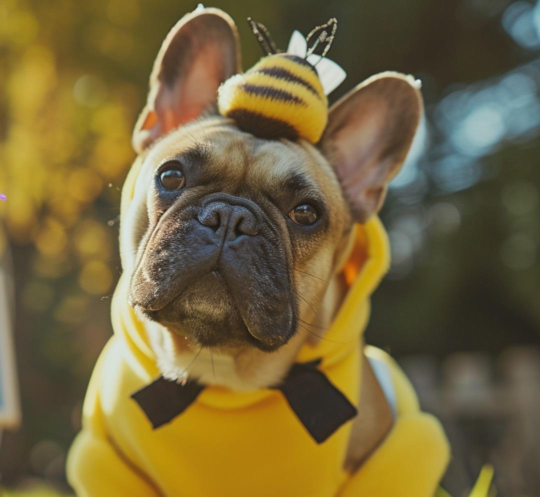 French Bulldog dog wearing bee costume with demonstration sign
