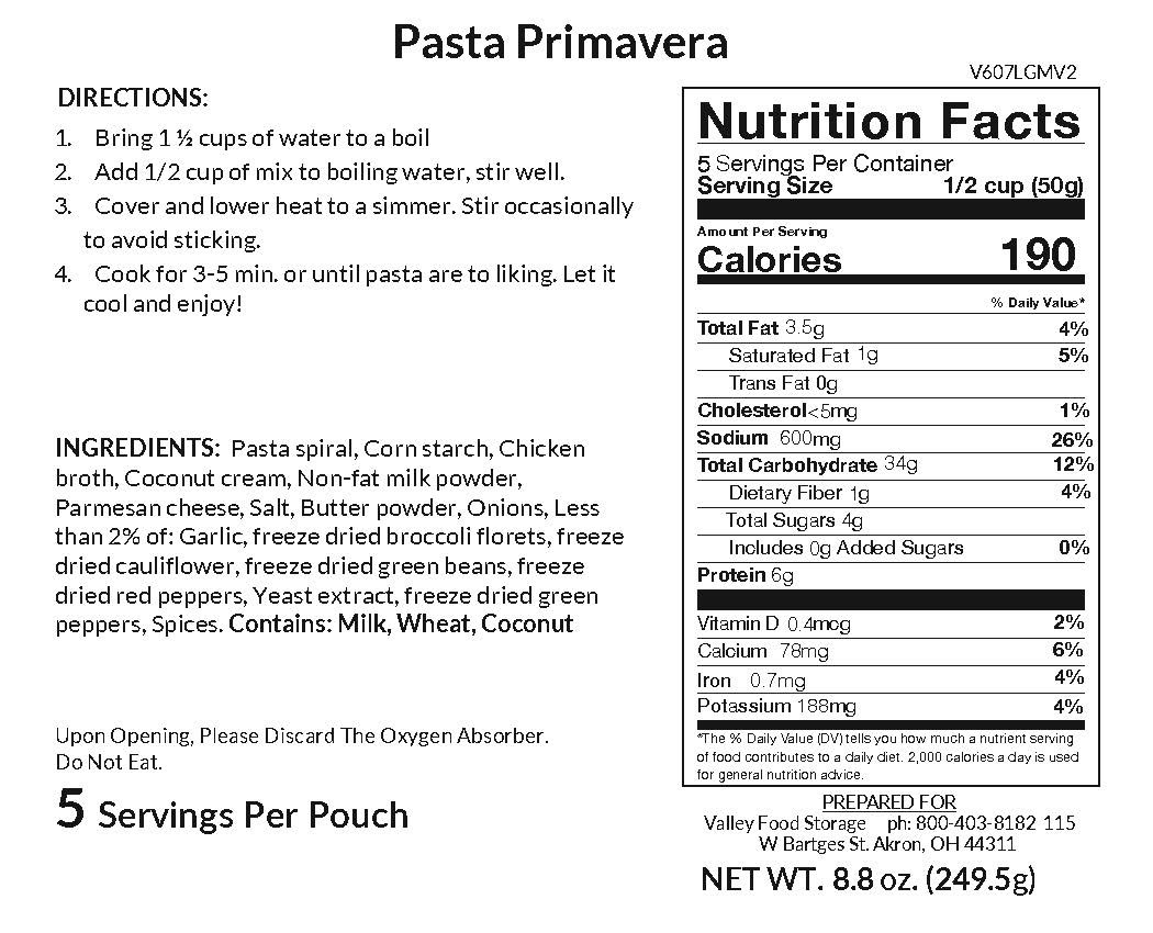 Valley Food Storage Pasta Primavera Long Term Food Storage Nutrition Label