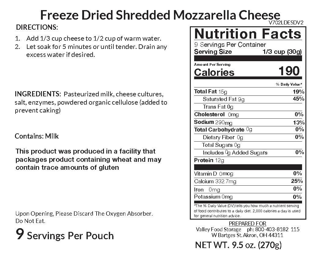 Valley Food Storage Freeze-Dried Mozzarella Cheese Long Term Food Storage Nutrition Label