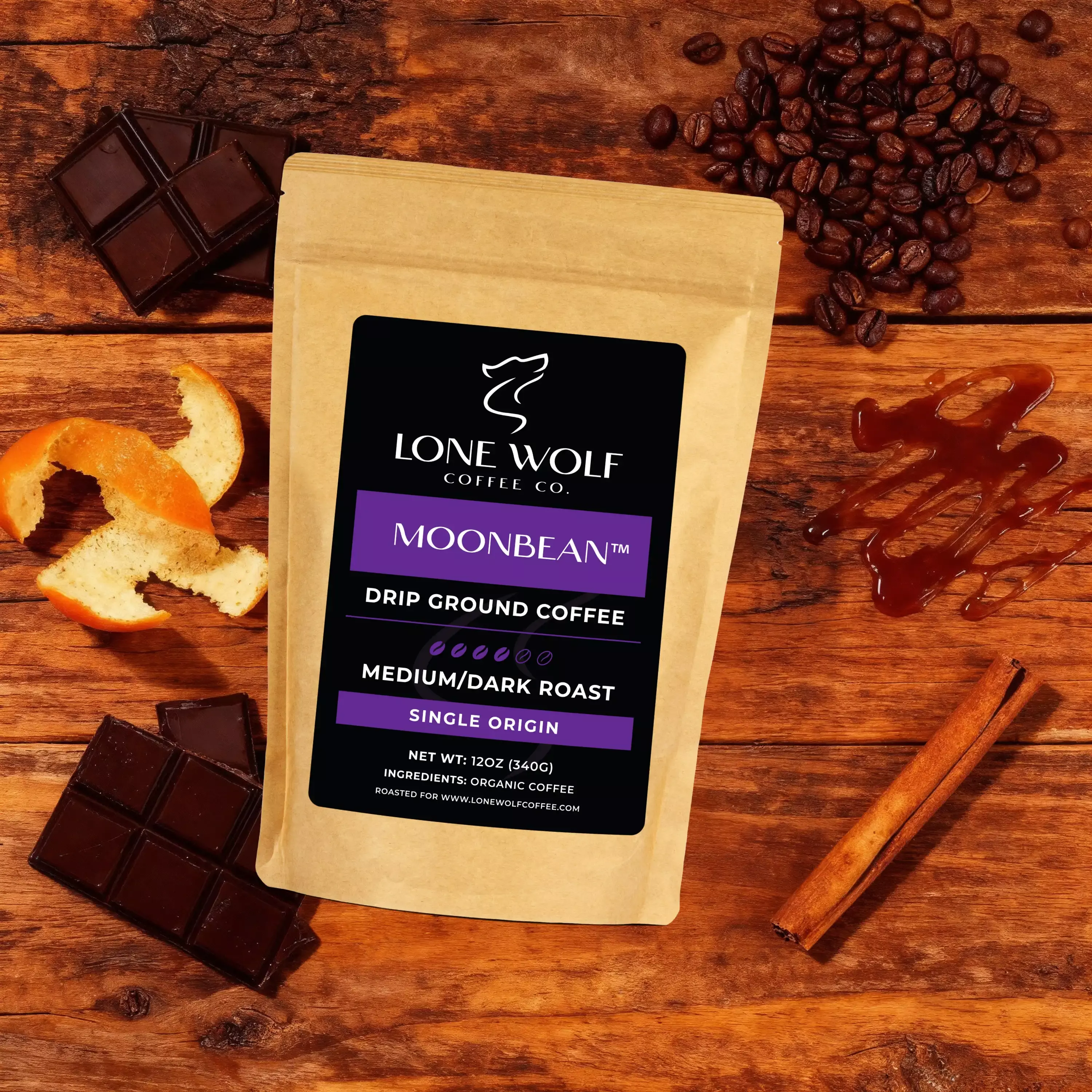 Moonbean drip ground flavor profile image showing Lone Wolf Coffee with baker’s chocolate depth, subtle spice, sweet molasses, and hints of orange peel.