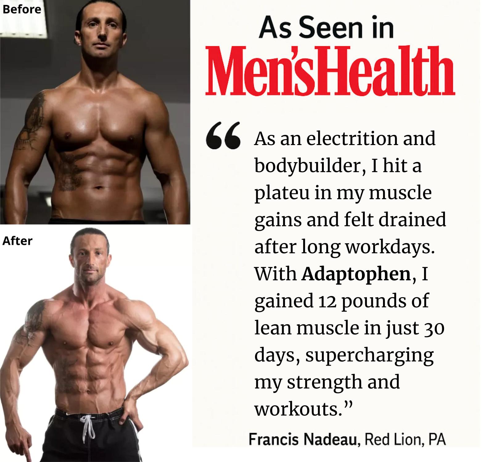 A muscular middle-aged man who uses Adaptophen to boost free testosterone levels