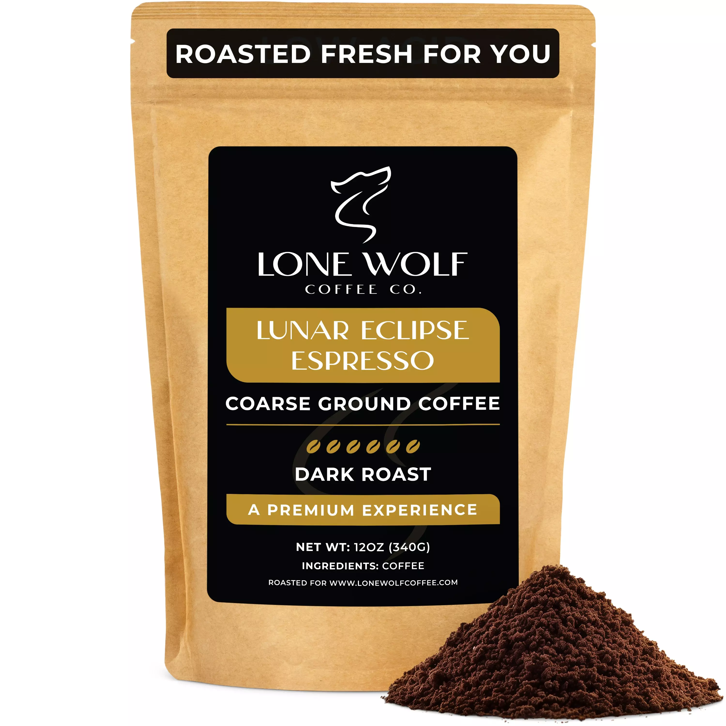 One 12oz bag of Lone Wolf Coffee’s Lunar Eclipse Espresso Dark Roast Coarse Ground coffee bag product photo