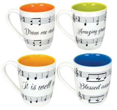 4 black and white mugs with colorful interiors and musical notes and words from hymns on outside