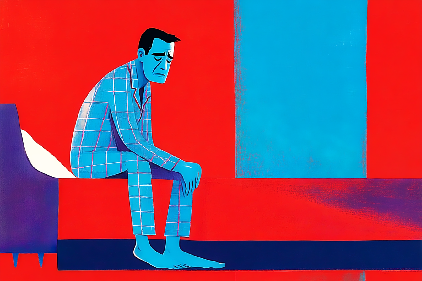 An exhausted man, sitting on the edge of his bed, feeling tired but can’t fall asleep.