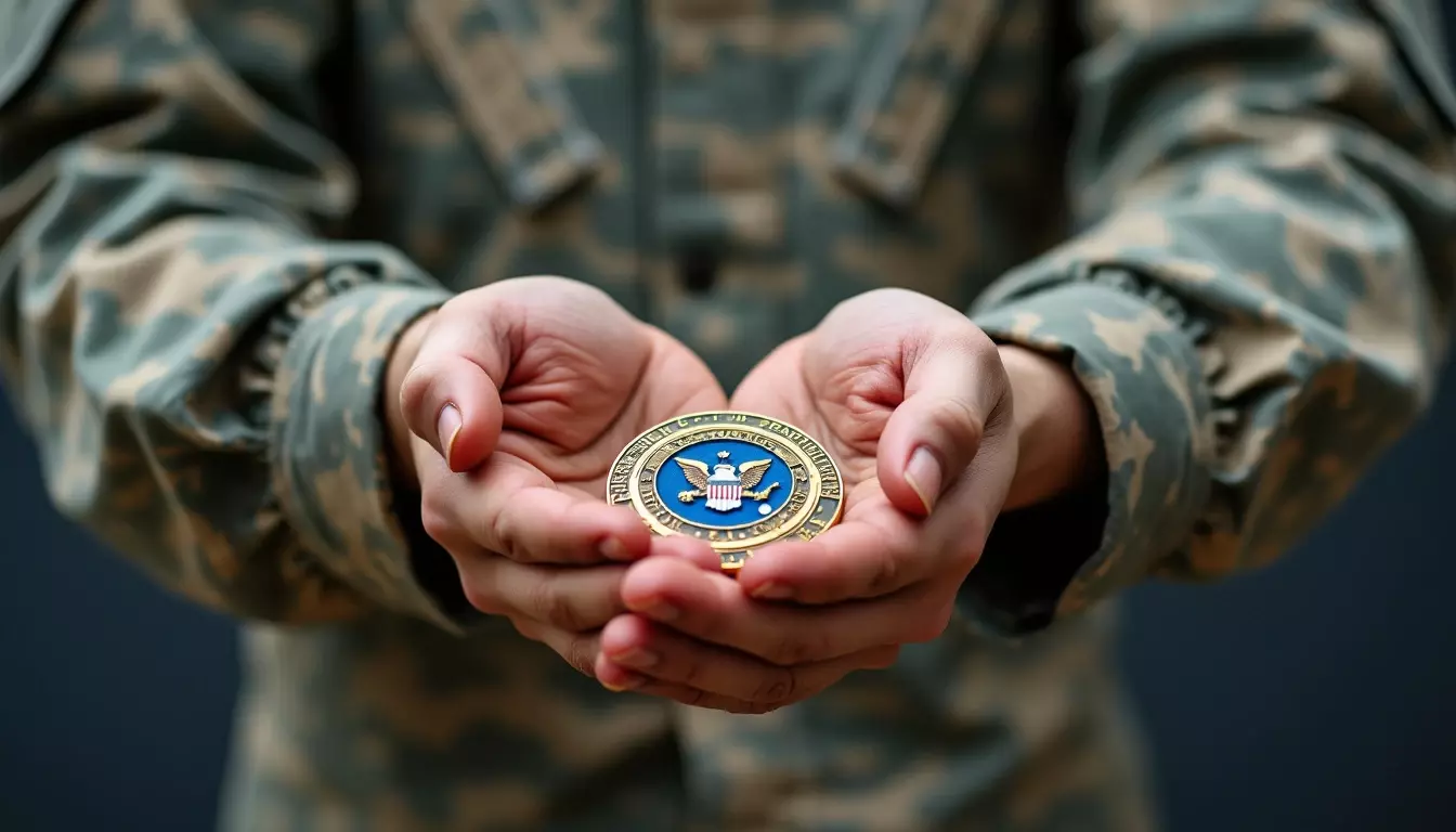 Custom challenge coin presented in the hands of a military man