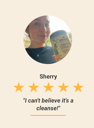 A round photo of a woman holding up a Pineapple Chia Cleanse jar, her name “Sherry” Indicated underneath the image. Below are 5 stars and the statement “I can’t believe it’s a cleanse!”