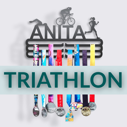 Personalized Triathlon Medal Hanger in matte black steel with a custom name — Athlete's Gift Shop