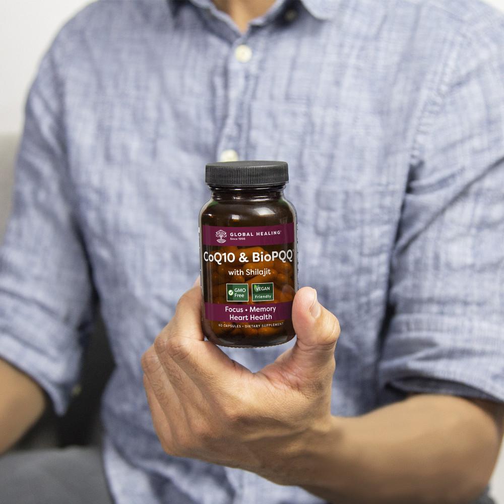 Global Healing CoQ10 & BioPQQ with Shilajit Bottle In Hand