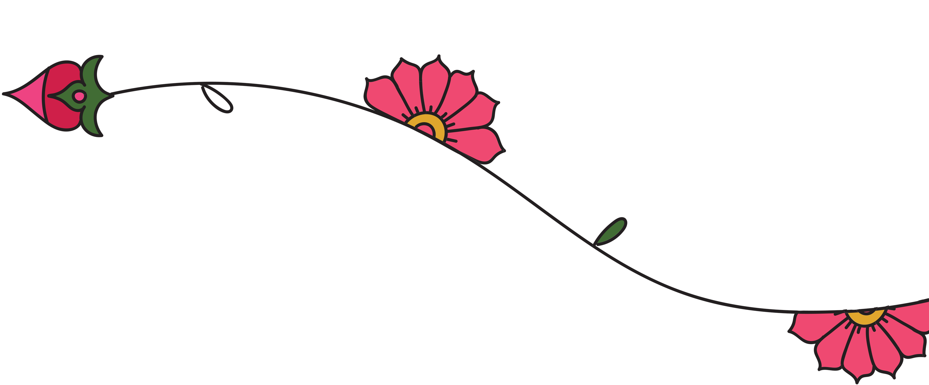 A decorative black vine with a gentle wave-like curve, adorned with three stylized pink flowers and two small green leaves. One flower is in bud form, while the others are in full bloom. The design has an elegant, ornamental feel.