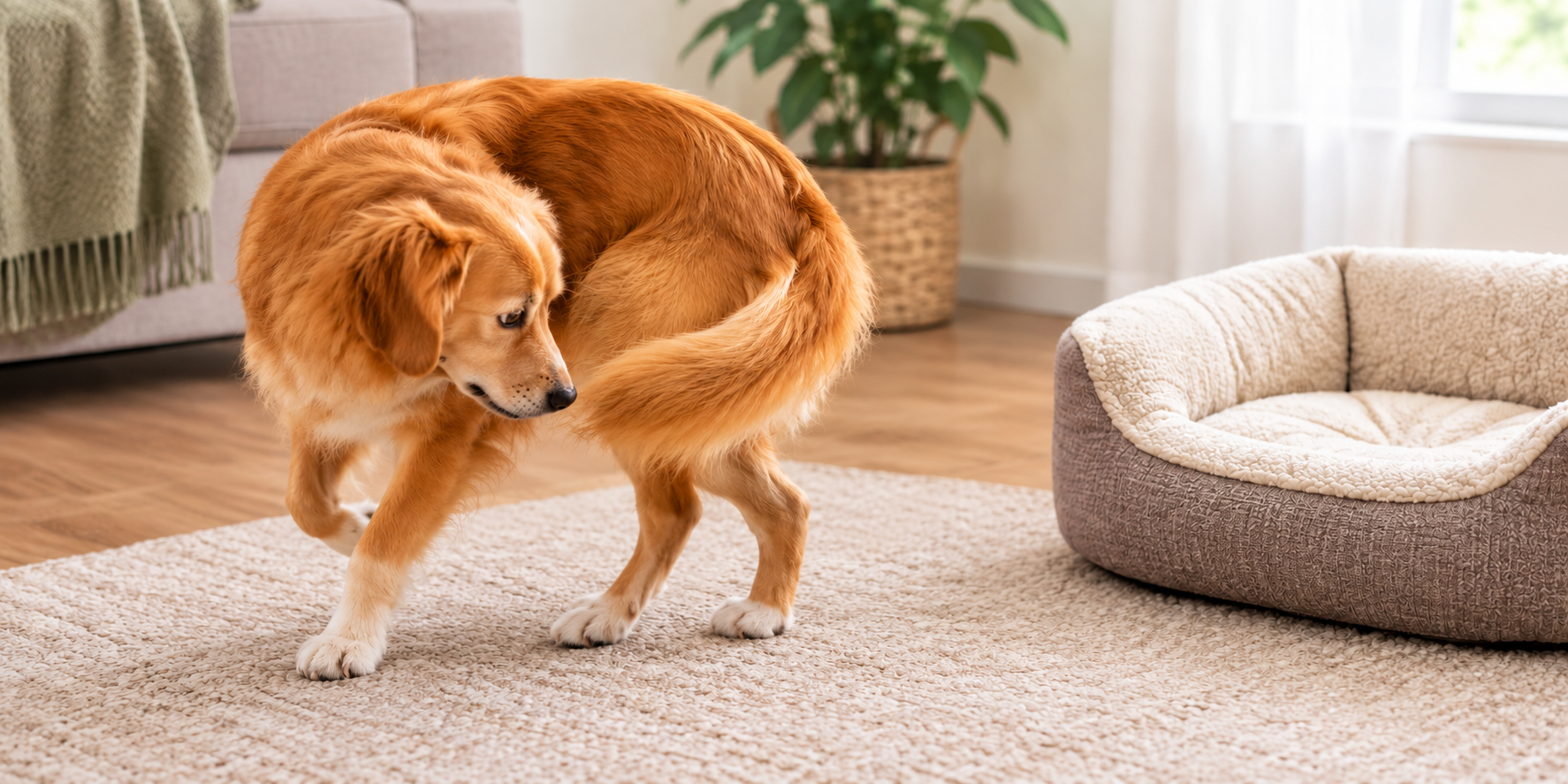 Dog circling before settling into bed as part of a comfortable daily pet wellness and bedtime routine