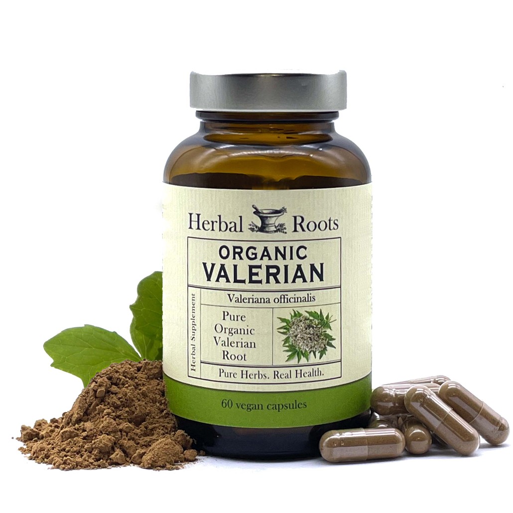 Herbal Roots Valerian bottle with capsules, powder, and valerian leaves