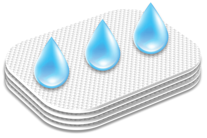 An illustration showing three water droplets on a piece of absorbent fabric