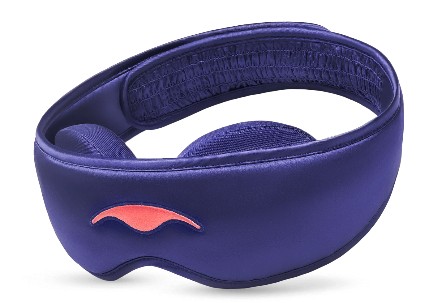 A blue luxury silk eye mask with eye cups and an orange logo.