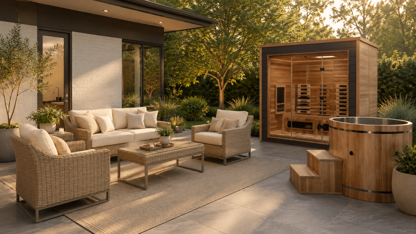 in a nice outdoor space is a complete seating set with a cabin sauna and a cold plunge .