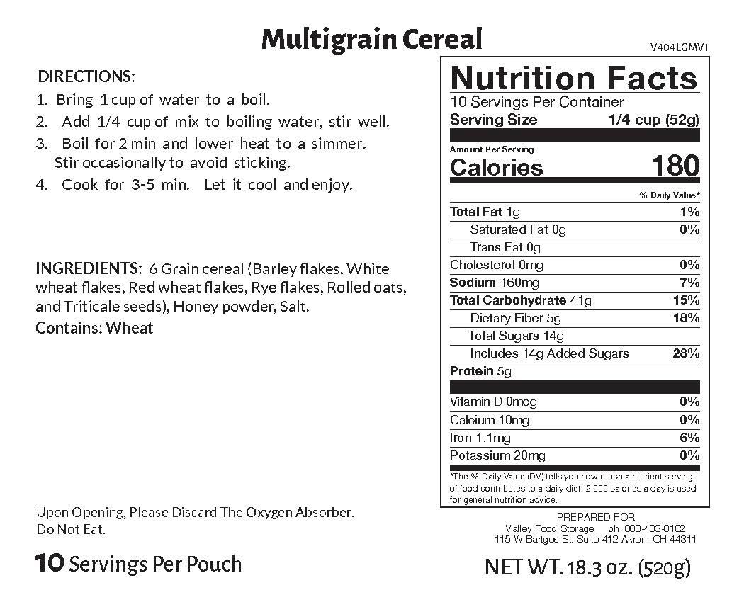 Valley Food Storage Multigrain Cereal Long Term Food Storage Nutrition Label