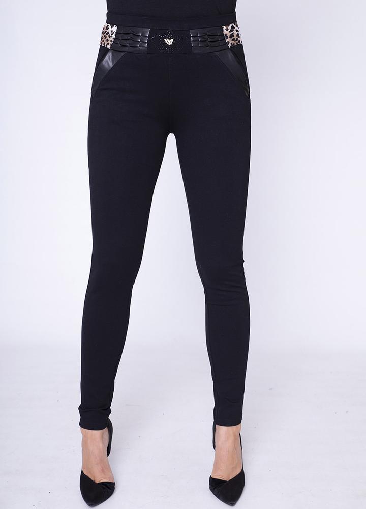 Stretch Waist Leather Trim Trouser in Black