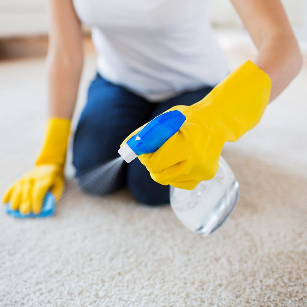 Woman cleaning carpet with spray