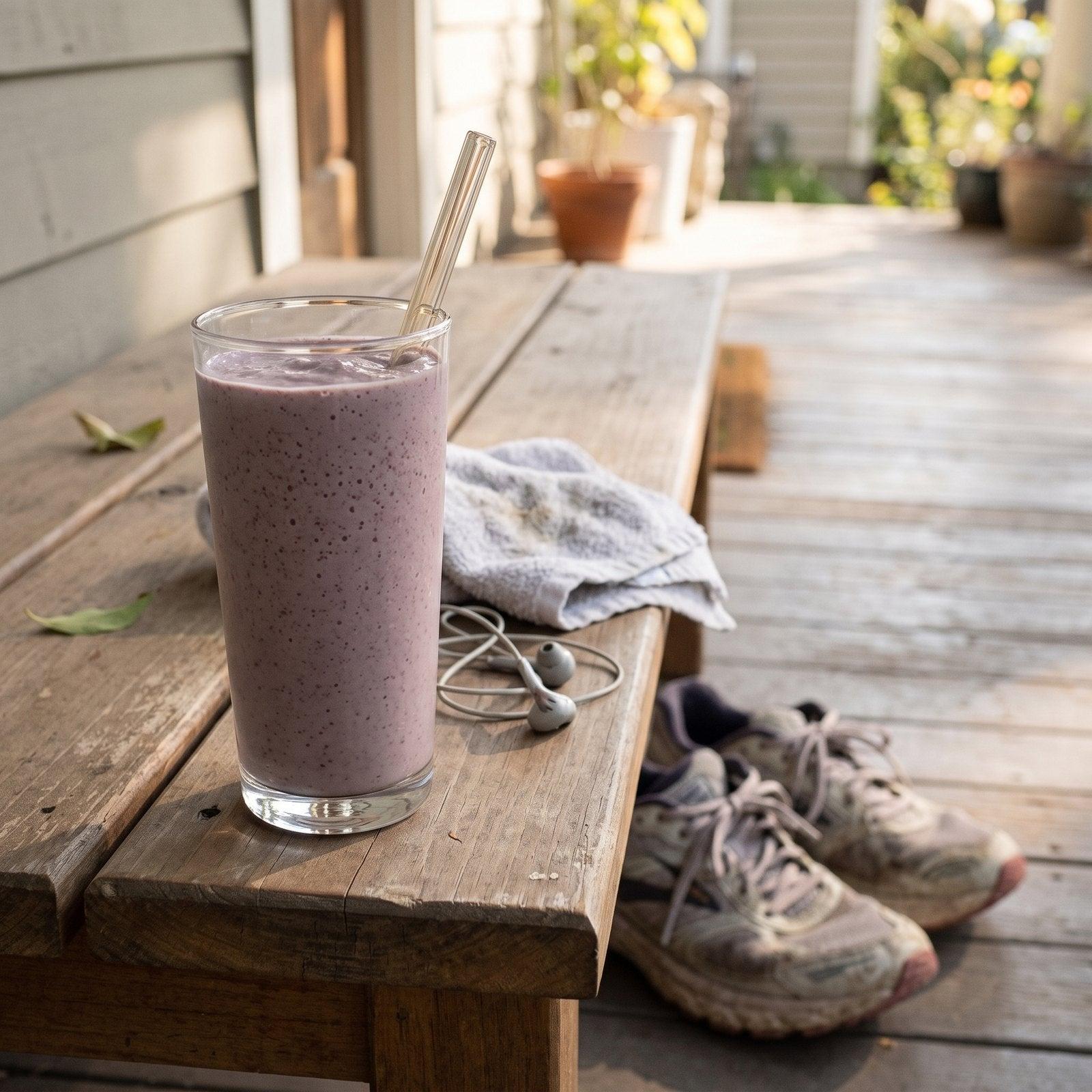Lavender purple cacao smoothie on a porch bench beside running shoes after a morning run