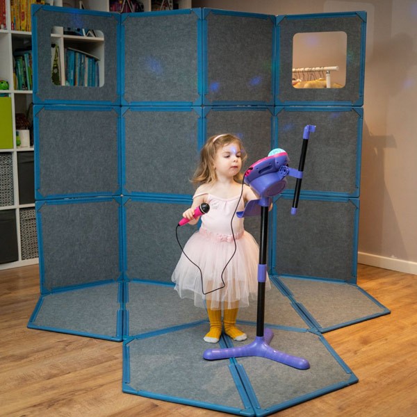Kids using The Squares Add-On Pack by Superspace, featuring whiteboard and blackboard attachments that enhance creative play and educational activities with Superspace add-ons.