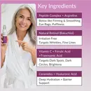 photo of female holding strateva bottle, key ingredients, peptide complex, natural retinol, vitamin c + ferulic acid, Ceramides