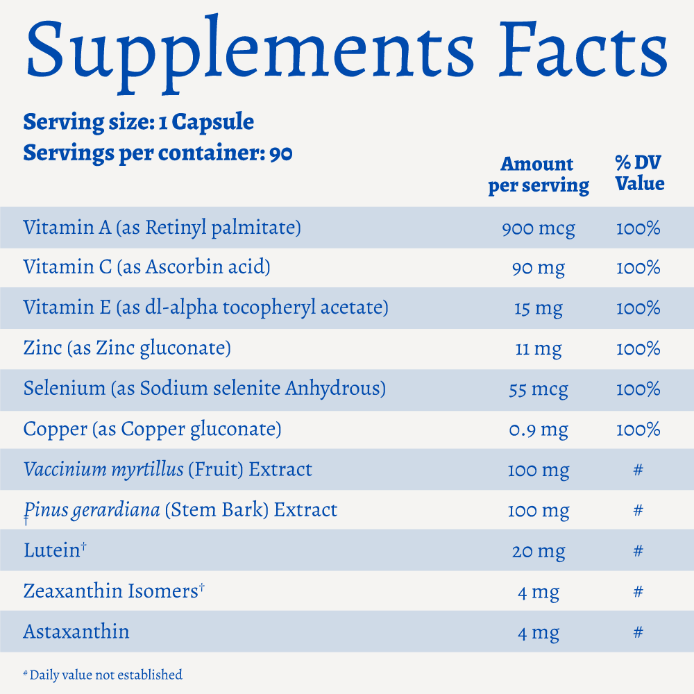 Supplement facts table for ViewRyt. Each container has 90 capsules with a serving size of 1 capsule. Contains Vitamin A (900 mcg), Vitamin C (90 mg), Vitamin E (15 mg), Zinc (11 mg), Selenium (55 mcg), Copper (0.9 mg), Bilberry fruit extract (100 mg), Pine bark extract (100 mg), Lutein (20 mg), Zeaxanthin Isomers (4 mg), and Astaxanthin (4 mg).