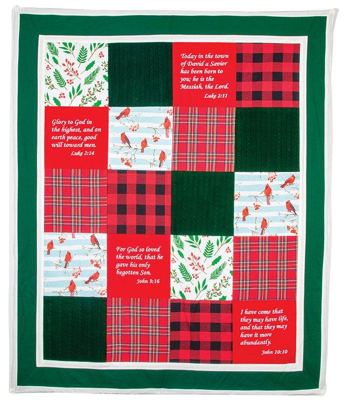 patchwork quilt in red and green with Bible verses