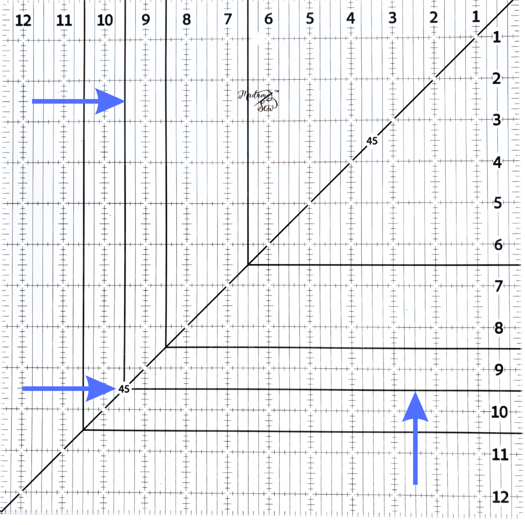 Picture of Madam Sew 12.5” Square-Up Ruler with arrows pointing to the 9.5”.