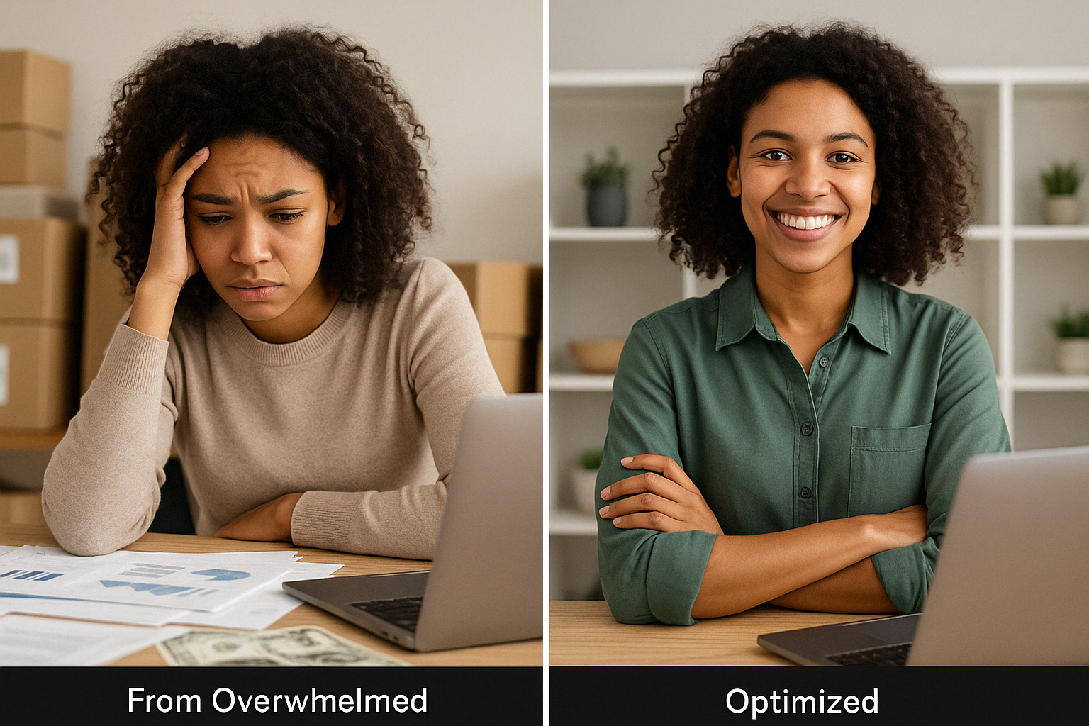 Side-by-side images of the same young African American woman show a transformation. On the left, she looks stressed and overwhelmed, sitting at a cluttered desk with papers and a laptop. On the right, she appears confident and content, smiling with arms crossed in a tidy workspace, representing the shift from burnout to clarity and control.