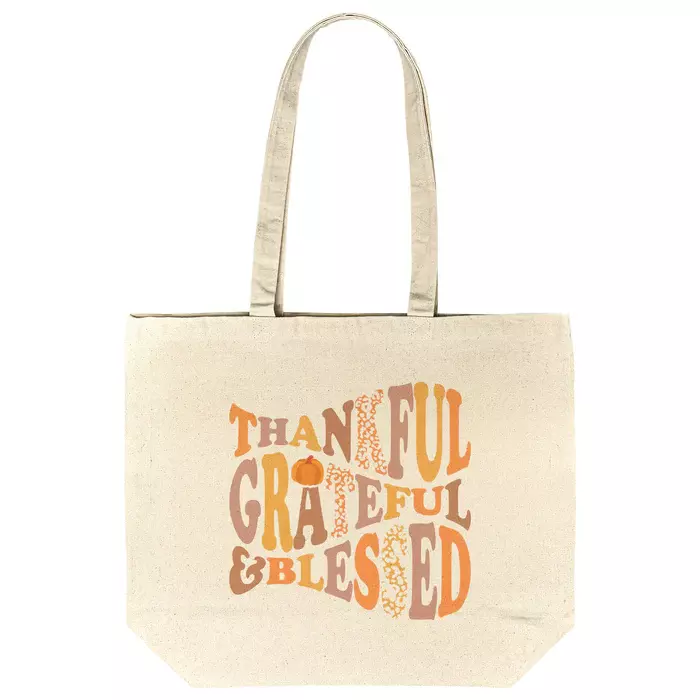 tote with Thankful Grateful & Blessed written in orange and brown fall colors