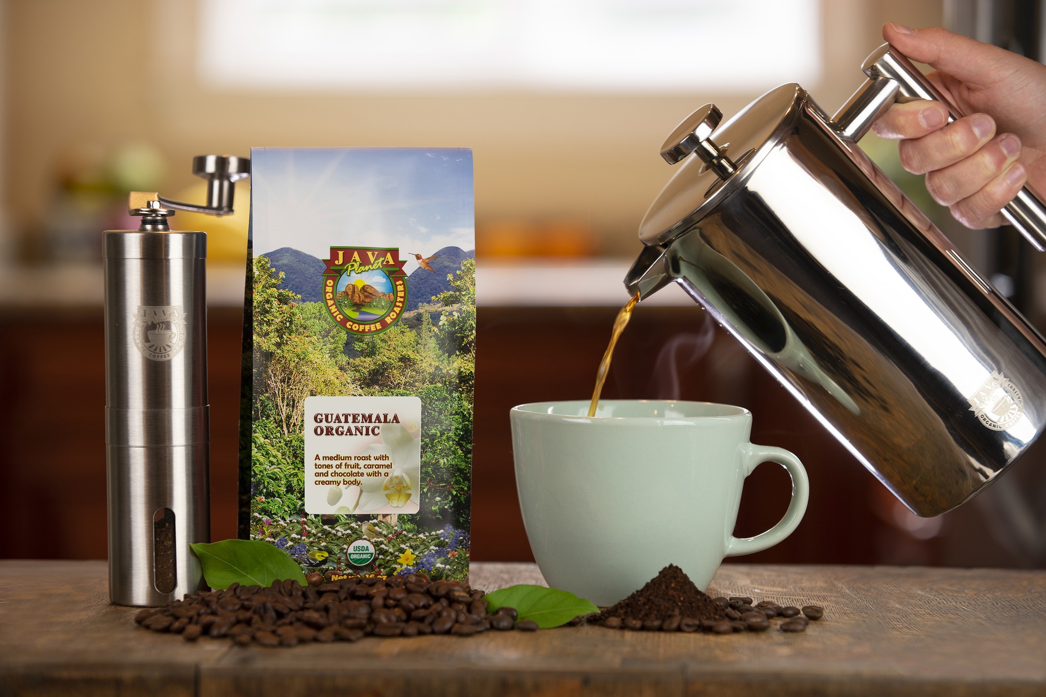 Pouring guatemala coffee from french press