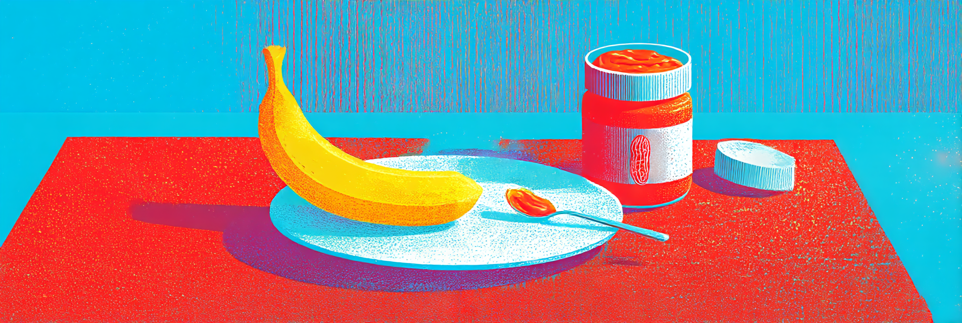 A banana on a plate with a spoon. There is an open jar of peanut butter beside the plate.
