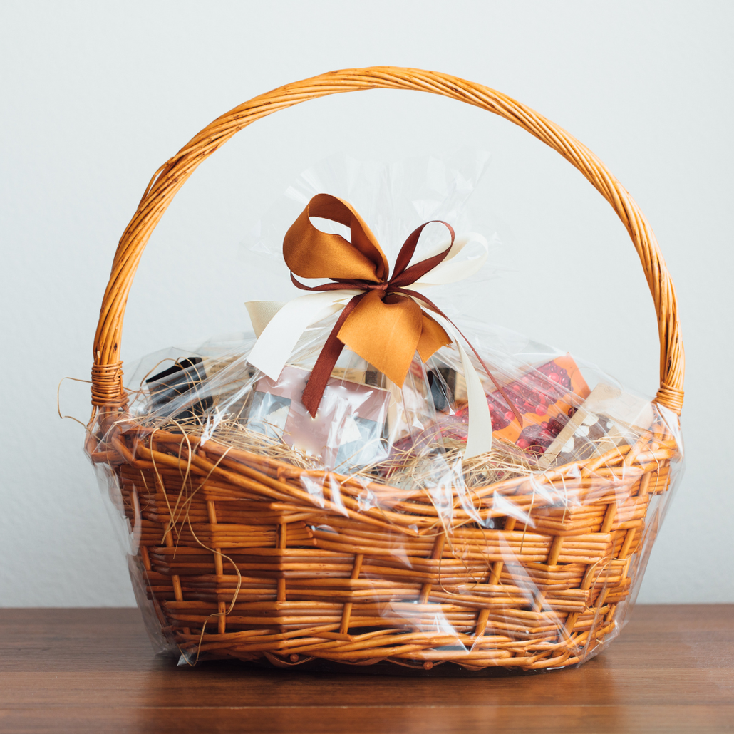 Gift basket wrapped in cellophane