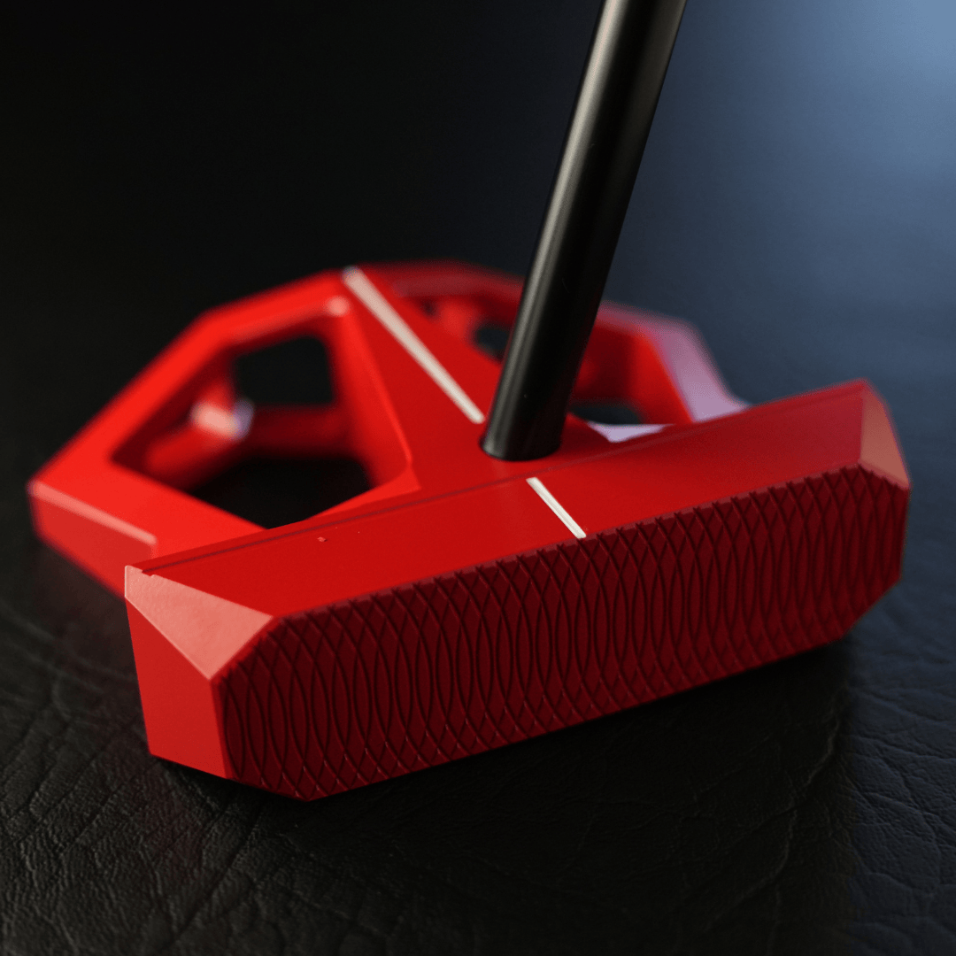 Lazrus LAZ3 zero torque mallet putter in Red finish showing alignment of white guideline