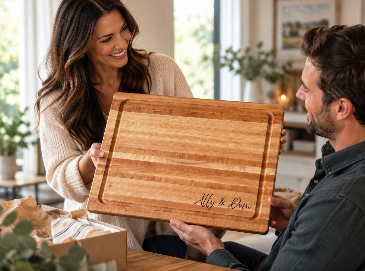 Personalized maple cutting board engraved Ally & Dom, presented as a meaningful anniversary gift from wife to husband. The large 18 x 12 inch handcrafted wood board features warm natural maple grain, a routed juice groove and custom script engraving. A thoughtful personalized wedding anniversary, 5th anniversary, couple or housewarming gift designed for everyday use and lasting memories.