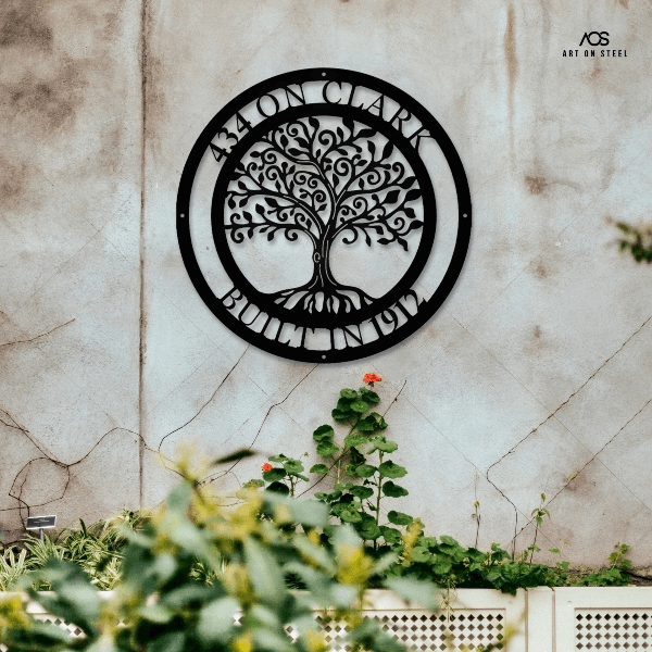 Custom Founders Tree of Life Metal Wall Art – Personalized black steel sign with family name and established date, modern outdoor décor for home and garden, handcrafted by Art on Steel in South Africa.